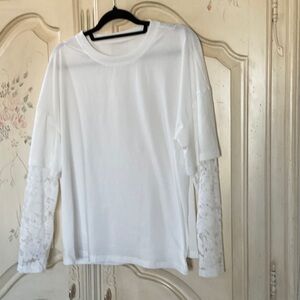 White Long Sleeve Tee with Lace Sleeve Panels